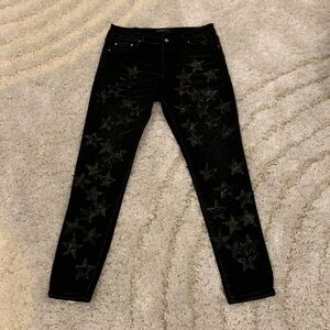 AMIRI X CHEMIST STAR BLACK LEATHER PATCH BLACK DENIM JEANS FOR MEN 36